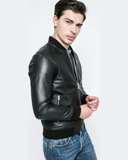 Geaca Selected bomber de piele negru